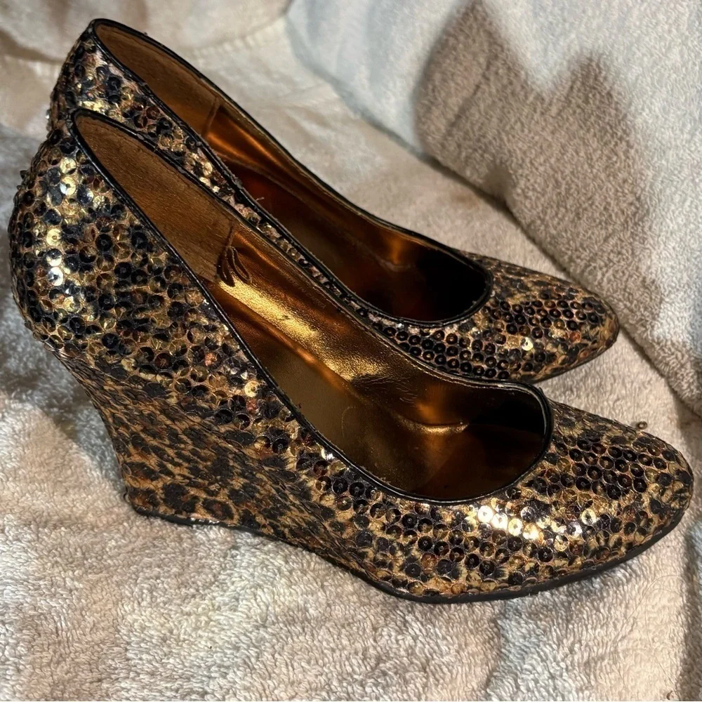 Chic Brown and Black Wedge Heels with Sequined Glamour